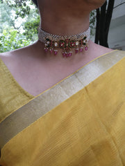 Pearls choker with kundan pendant & bunch pearls-Silver Neckpiece-PL-House of Taamara
