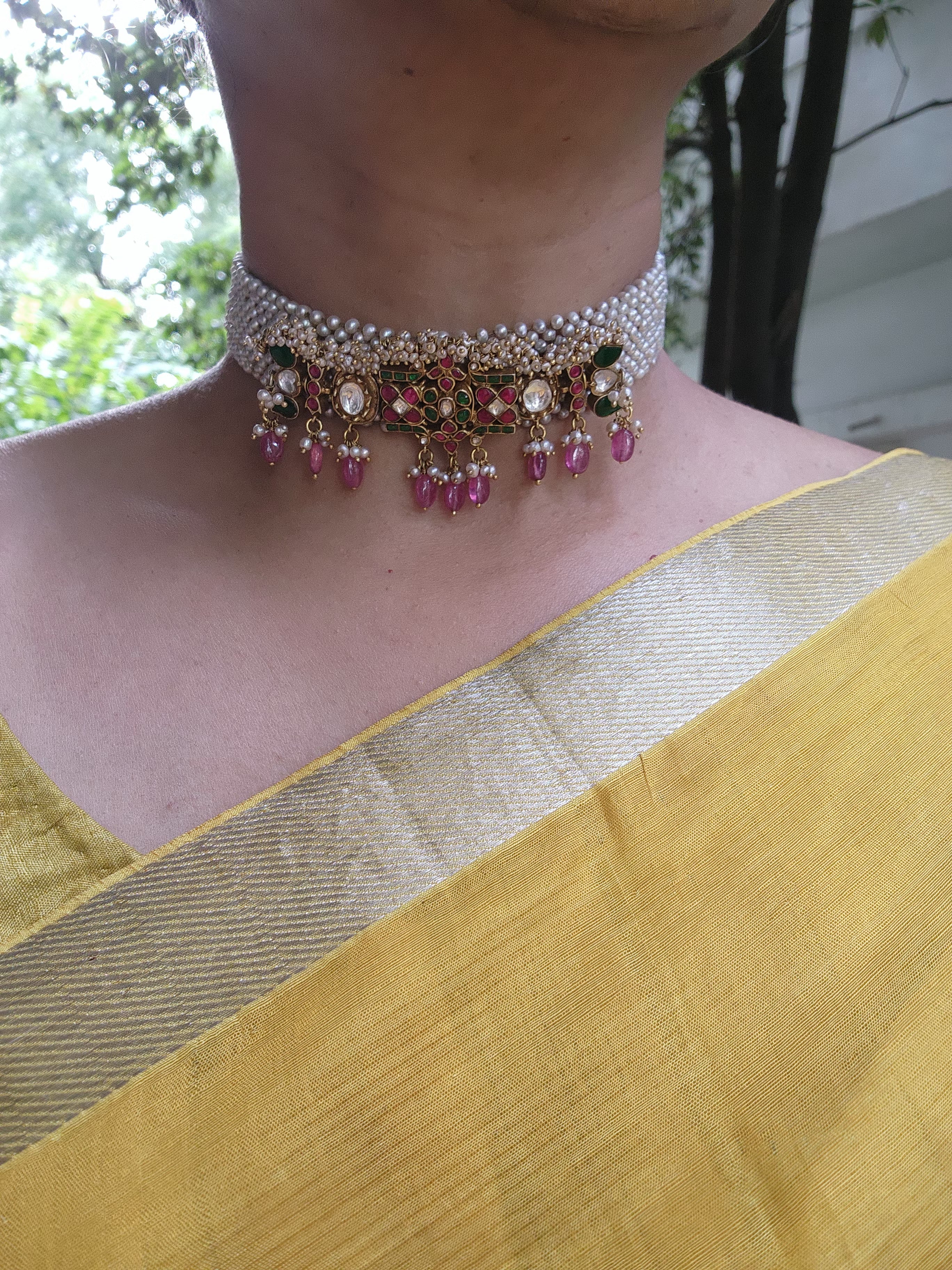 Pearls choker with kundan pendant & bunch pearls-Silver Neckpiece-PL-House of Taamara
