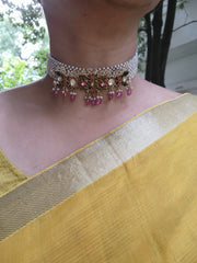 Pearls choker with kundan pendant & bunch pearls-Silver Neckpiece-PL-House of Taamara