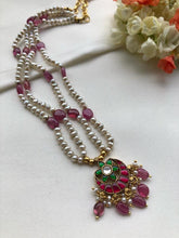 Pearls mala with ruby and green chand necklace-Silver Neckpiece-PL-House of Taamara