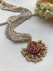 Pearls mala with ruby chand kundan-Silver Neckpiece-PL-House of Taamara