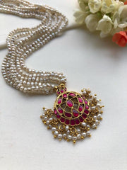 Pearls mala with ruby chand kundan-Silver Neckpiece-PL-House of Taamara