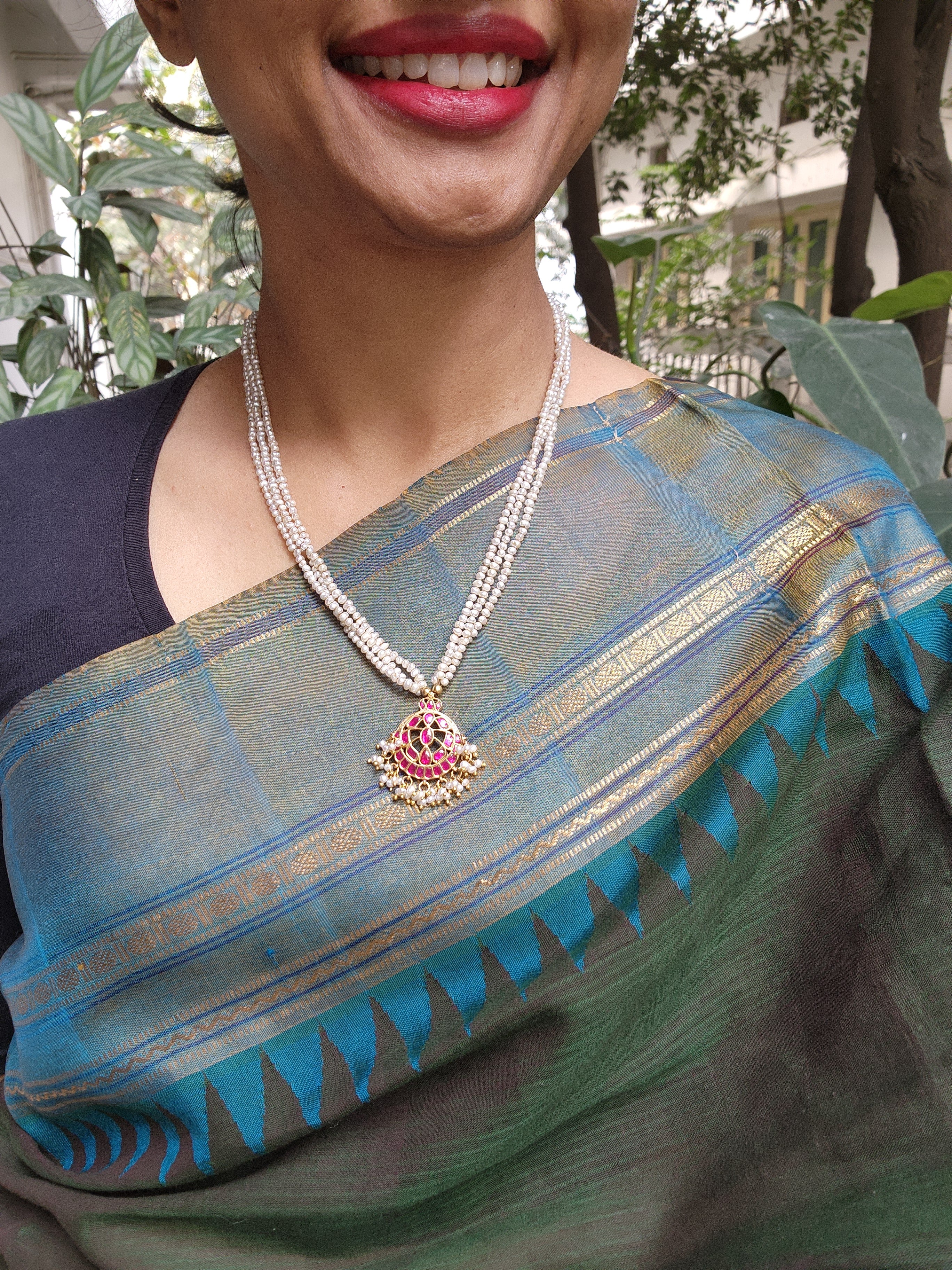 Pearls mala with ruby chand kundan-Silver Neckpiece-PL-House of Taamara