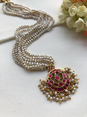 Pearls mala with ruby chand kundan-Silver Neckpiece-PL-House of Taamara