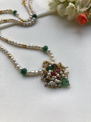 Pearls mala with ruby & green chand kundan-Silver Neckpiece-PL-House of Taamara