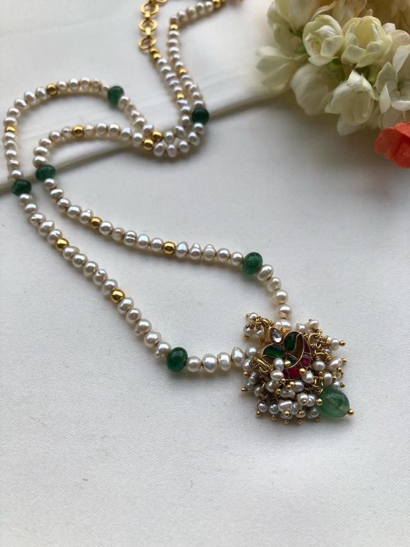 Pearls mala with ruby & green chand kundan-Silver Neckpiece-PL-House of Taamara