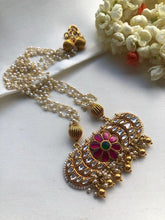Pearls mala with ruby kundan flower pendant-Silver Neckpiece-pl-House of Taamara