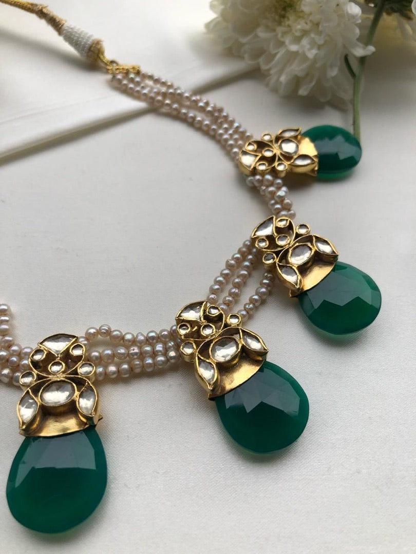 Pearls with kundan & emerald statement necklace-Silver Neckpiece-PL-House of Taamara