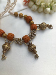 Ribbed coral beads with Antique beads and pearls mala-Silver Neckpiece-PL-House of Taamara