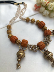 Ribbed coral beads with Antique beads and pearls mala-Silver Neckpiece-PL-House of Taamara