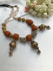 Ribbed coral beads with Antique beads and pearls mala-Silver Neckpiece-PL-House of Taamara