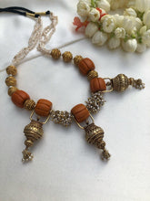 Ribbed coral beads with Antique beads and pearls mala-Silver Neckpiece-PL-House of Taamara