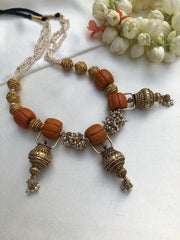 Ribbed coral beads with Antique beads and pearls mala-Silver Neckpiece-PL-House of Taamara