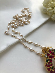 Rice pearl chain with kundan peacock pendant-Silver Neckpiece-PL-House of Taamara