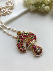 Rice pearl chain with kundan peacock pendant-Silver Neckpiece-PL-House of Taamara