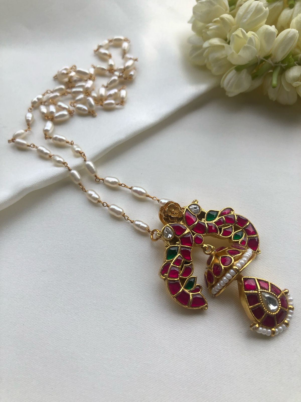 Rice pearl chain with kundan peacock pendant-Silver Neckpiece-PL-House of Taamara