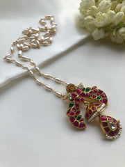 Rice pearl chain with kundan peacock pendant-Silver Neckpiece-PL-House of Taamara