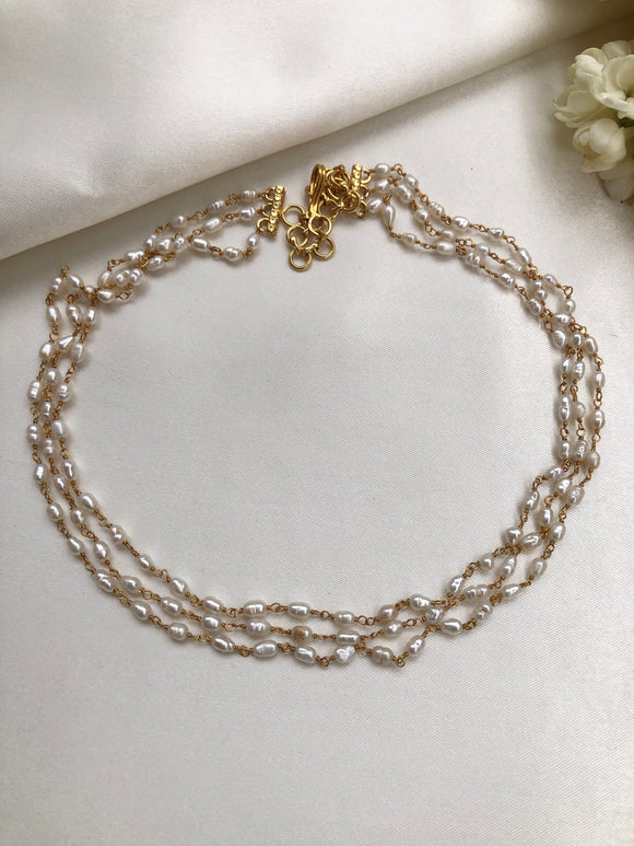 Rice pearls 3 line necklace-Silver Neckpiece-PL-House of Taamara