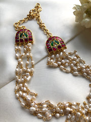 Rice pearls long mala with kundan motifs-Silver Neckpiece-PL-House of Taamara