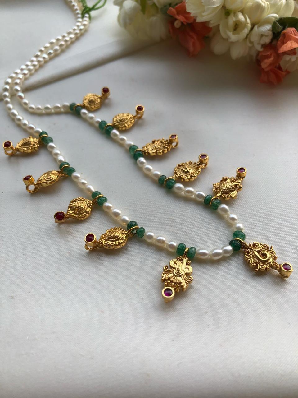 Rice pearls mala with antique style drops-Silver Neckpiece-PL-House of Taamara
