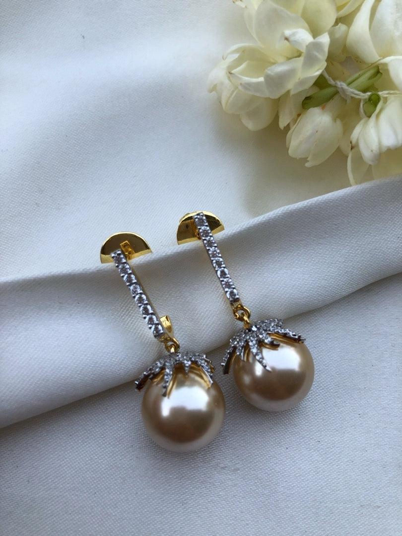 Rose gold pearls with zircon leaf earrings-Earrings-PL-House of Taamara