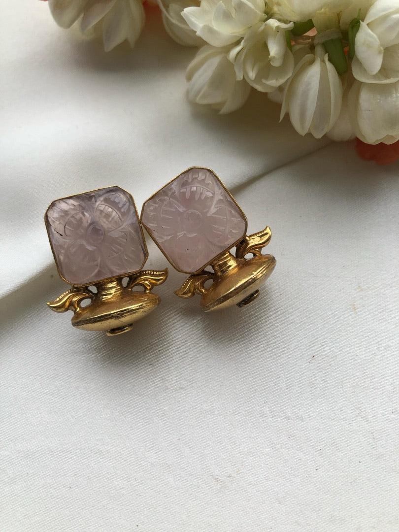 Rose quartz square antique style earrings-Earrings-PL-House of Taamara