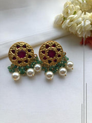 Round earrings with pearls & green beads bunch-Earrings-PL-House of Taamara