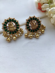 Round green Lakshmi earrings with pearls bunch-Earrings-PL-House of Taamara