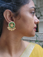 Round green Lakshmi earrings with pearls bunch-Earrings-PL-House of Taamara