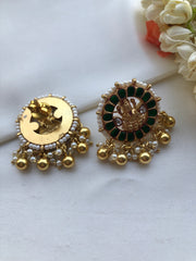 Round green Lakshmi earrings with pearls bunch-Earrings-PL-House of Taamara