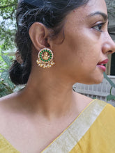 Round green Lakshmi earrings with pearls bunch-Earrings-PL-House of Taamara
