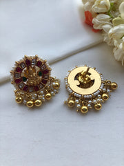 Round ruby & Green Lakshmi earrings with pearls bunch-Earrings-PL-House of Taamara