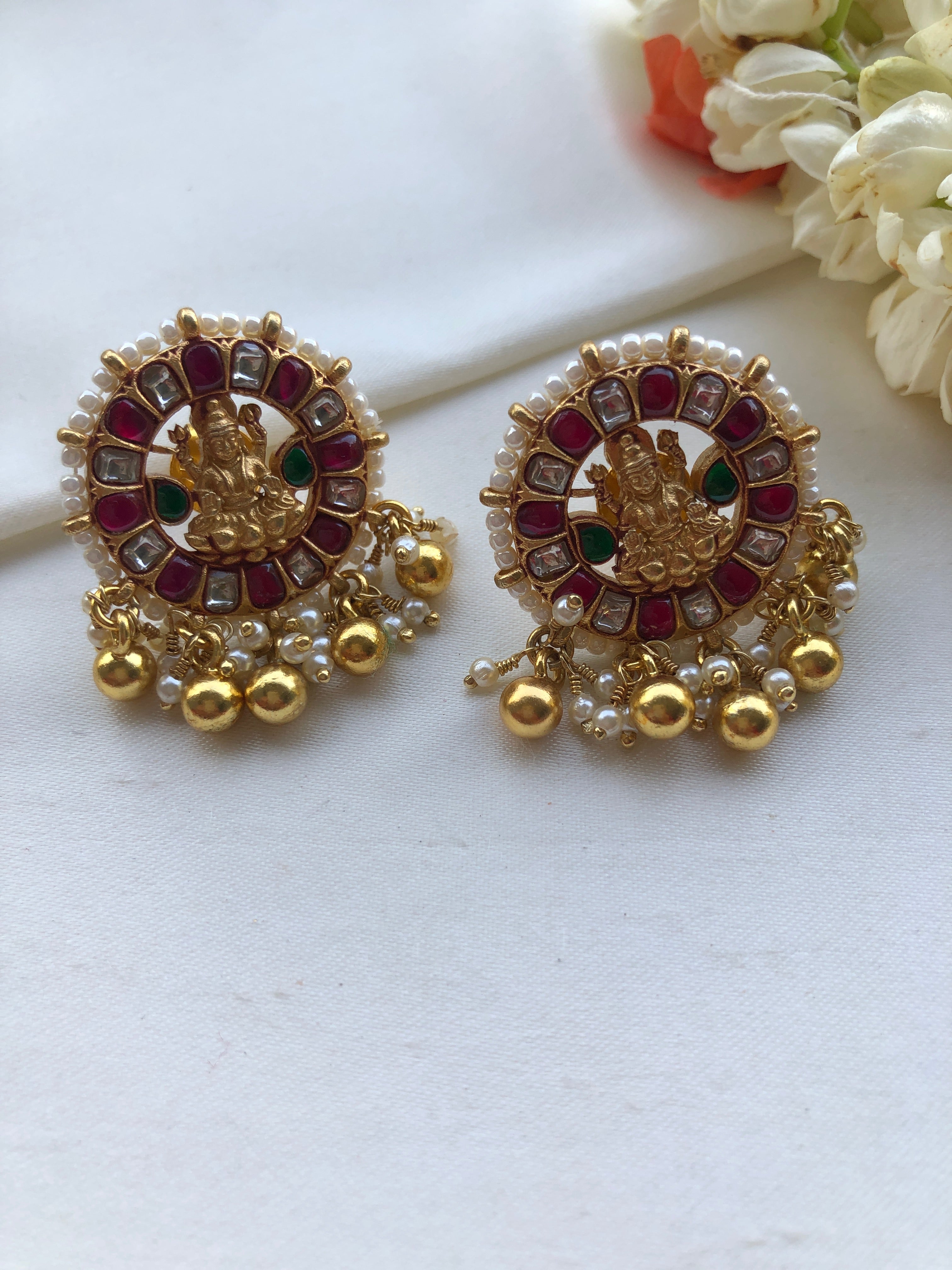 Round ruby & Green Lakshmi earrings with pearls bunch-Earrings-PL-House of Taamara
