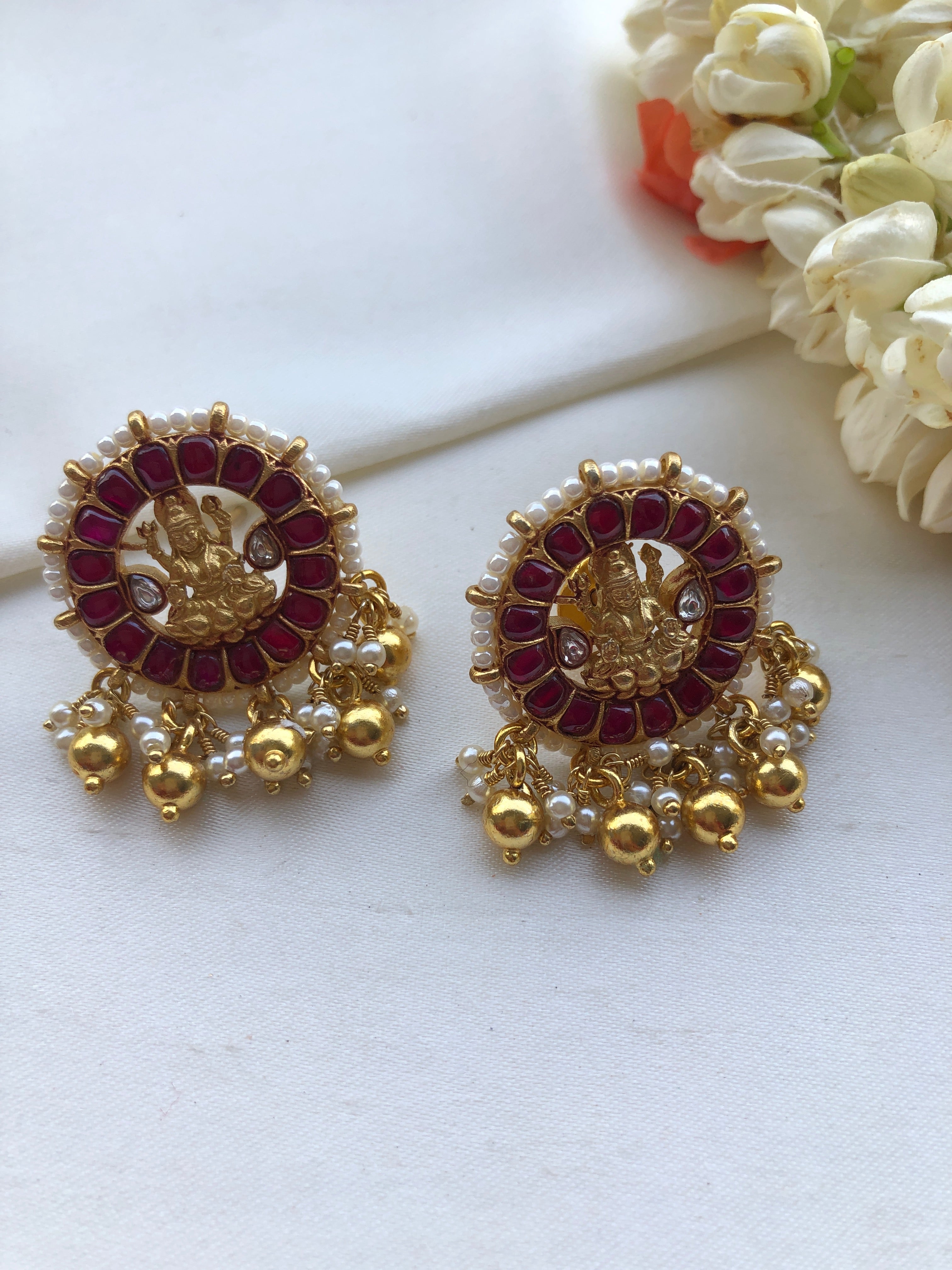 Round ruby Lakshmi earrings with pearls bunch-Earrings-PL-House of Taamara