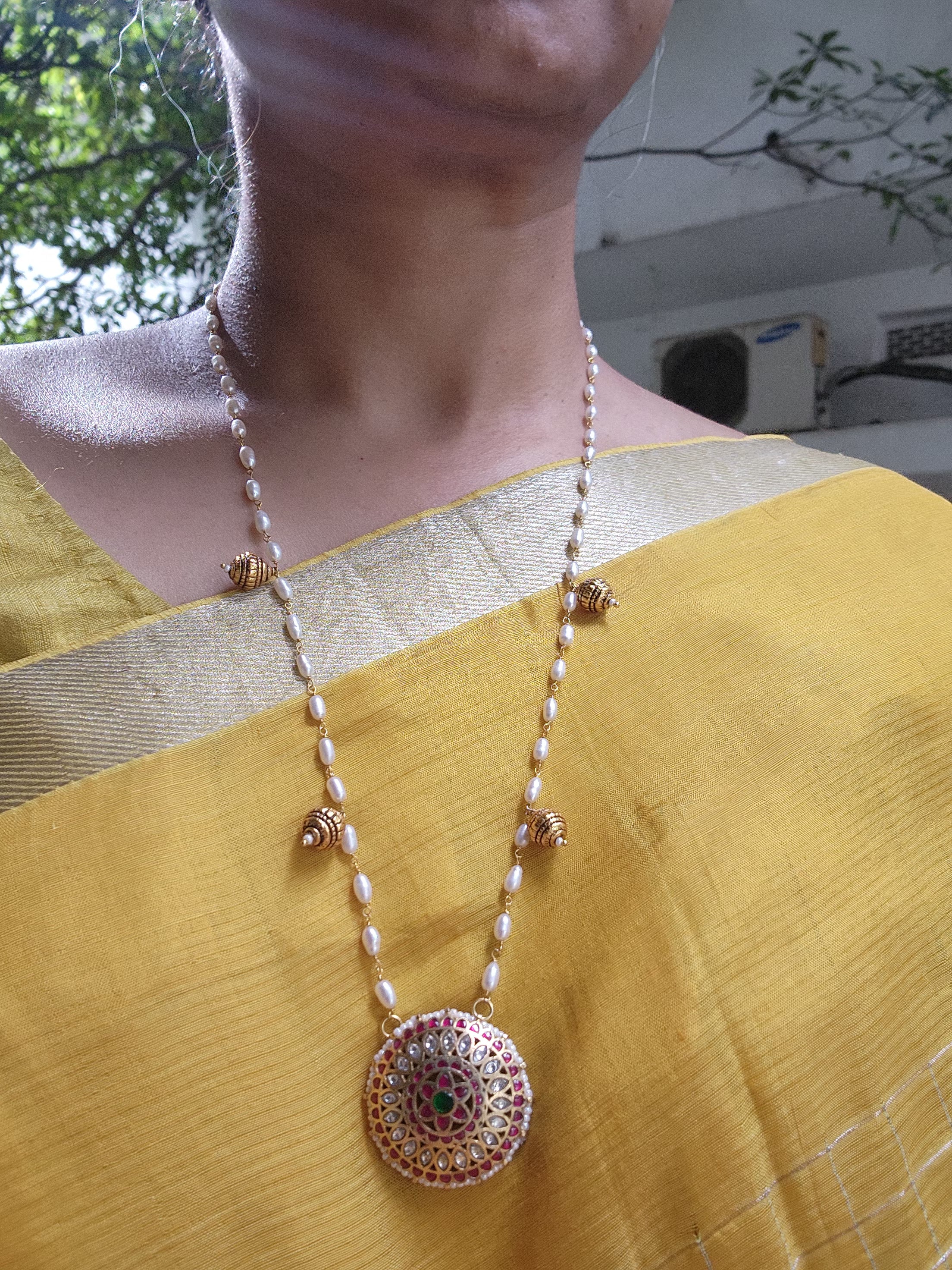 Round vintage style pendant with gundu beads & pearls chain-Silver Neckpiece-PL-House of Taamara
