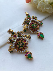 Ruby and green Kundan earrings with intricate pearls-Earrings-PL-House of Taamara