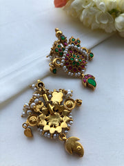 Ruby and green Kundan earrings with intricate pearls-Earrings-PL-House of Taamara