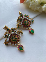 Ruby and green Kundan earrings with intricate pearls-Earrings-PL-House of Taamara