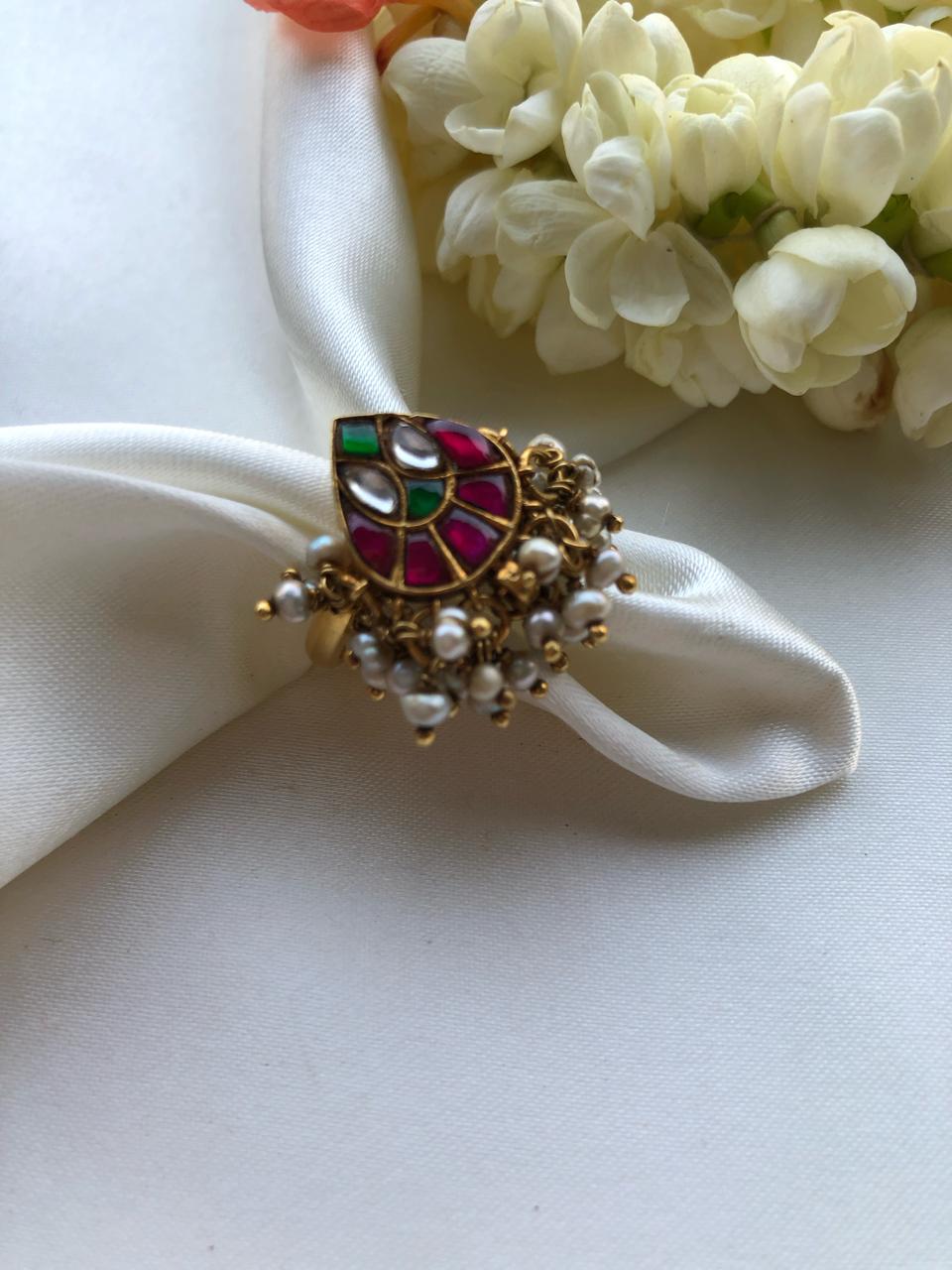 Ruby and green and pearls bunch adjustable (adjustable ring)-Finger Ring-PL-House of Taamara