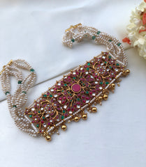 Ruby and green kundan choker with pearls and green beads-Silver Neckpiece-PL-House of Taamara