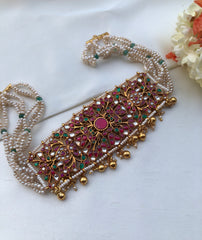 Ruby and green kundan choker with pearls and green beads-Silver Neckpiece-PL-House of Taamara