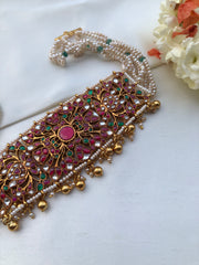 Ruby and green kundan choker with pearls and green beads-Silver Neckpiece-PL-House of Taamara