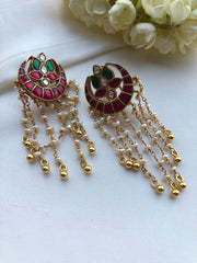 Ruby and green kundan earrings with long earrings-Earrings-PL-House of Taamara