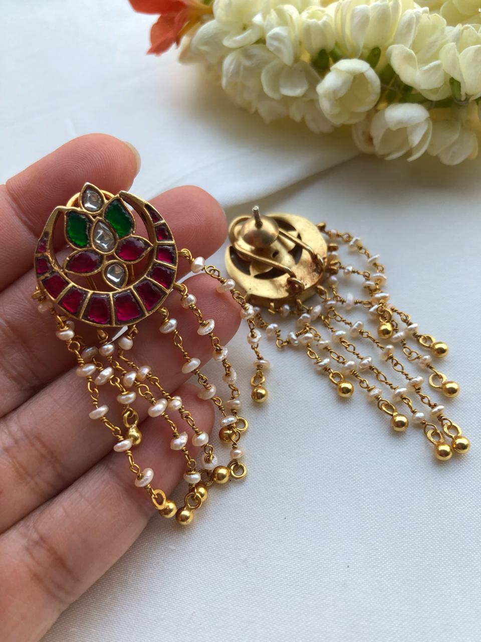 Ruby and green kundan earrings with long earrings-Earrings-PL-House of Taamara