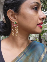 Ruby and green kundan earrings with long earrings-Earrings-PL-House of Taamara