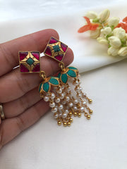 Ruby and turquoise jhumkas with pearls long earrings-Earrings-PL-House of Taamara