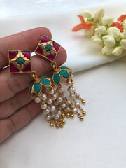Ruby and turquoise jhumkas with pearls long earrings-Earrings-PL-House of Taamara