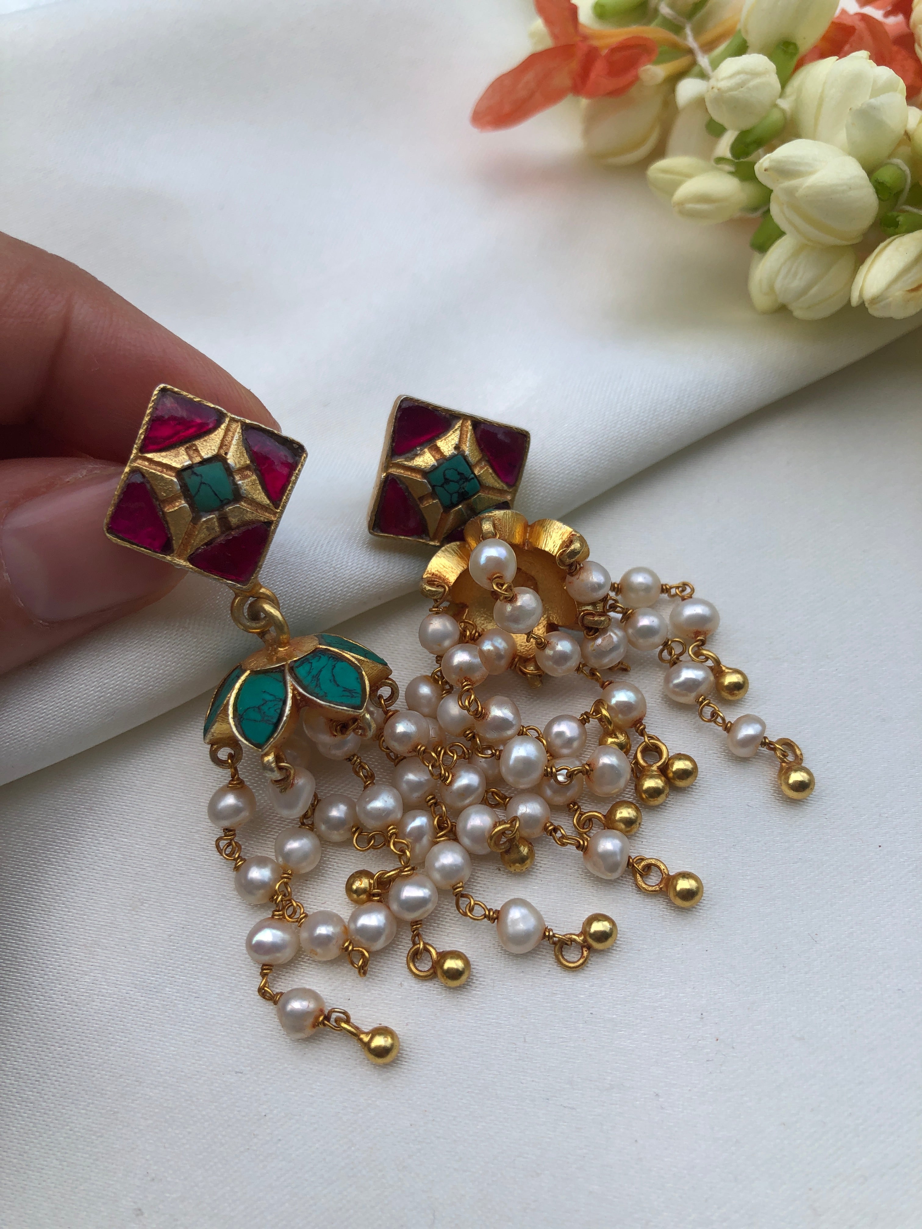 Ruby and turquoise jhumkas with pearls long earrings-Earrings-PL-House of Taamara