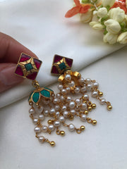 Ruby and turquoise jhumkas with pearls long earrings-Earrings-PL-House of Taamara