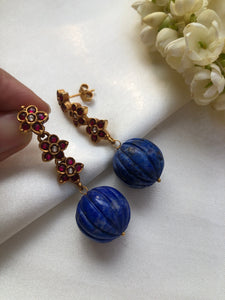 Ruby flower earring with lapis fluoride big bead drop-Earrings-PL-House of Taamara
